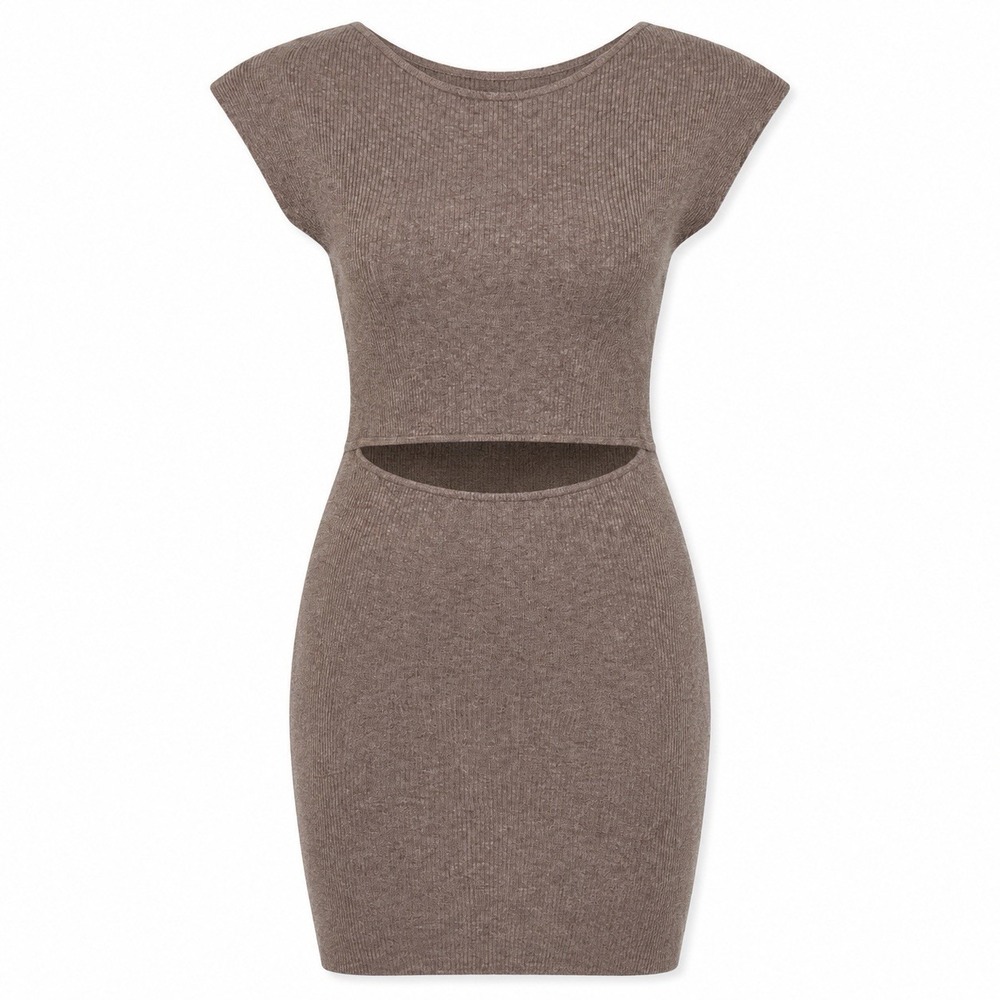 Aritzia‎ Wilfred Free Mini Dress S Taupe Cutout Ribbed Bodycon Y2K Minimalist